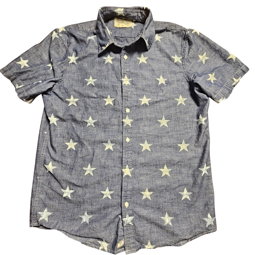 Denim & Supply Ralph Lauren Chambray Star Print Short Sleeve Shirt Mens L Cotton
